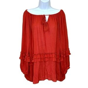 Medium Brick Red Peasant Blouse Long Sleeve Boho Bohemian 8 10 Oversized Fit